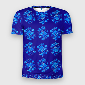 Мужская футболка 3D Slim с принтом Узоры гжель на синем фоне в Петрозаводске, 100% полиэстер с улучшенными характеристиками | приталенный силуэт, круглая горловина, широкие плечи, сужается к линии бедра | Тематика изображения на принте: 