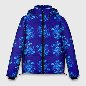 Мужская зимняя куртка 3D с принтом Узоры гжель на синем фоне в Екатеринбурге, верх — 100% полиэстер; подкладка — 100% полиэстер; утеплитель — 100% полиэстер | длина ниже бедра, свободный силуэт Оверсайз. Есть воротник-стойка, отстегивающийся капюшон и ветрозащитная планка. 

Боковые карманы с листочкой на кнопках и внутренний карман на молнии. | Тематика изображения на принте: 