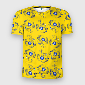 Мужская футболка 3D Slim с принтом Узор   цветы гжель на желтом фоне в Кировске, 100% полиэстер с улучшенными характеристиками | приталенный силуэт, круглая горловина, широкие плечи, сужается к линии бедра | 