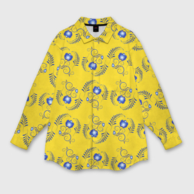 Мужская рубашка oversize 3D с принтом Узор   цветы гжель на желтом фоне в Петрозаводске,  |  | Тематика изображения на принте: 