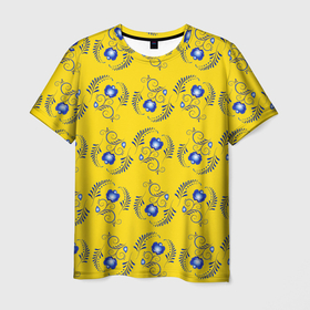 Мужская футболка 3D с принтом Узор   цветы гжель на желтом фоне в Петрозаводске, 100% полиэфир | прямой крой, круглый вырез горловины, длина до линии бедер | Тематика изображения на принте: 