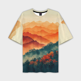 Мужская футболка oversize 3D с принтом Закат в туманных горах ,  |  | Тематика изображения на принте: 