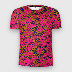 Мужская футболка 3D Slim с принтом Взаимосвязанные листочки, розового жёлтого и синего цвета в Белгороде, 100% полиэстер с улучшенными характеристиками | приталенный силуэт, круглая горловина, широкие плечи, сужается к линии бедра | Тематика изображения на принте: 