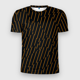 Мужская футболка 3D Slim с принтом Чёрные полосы и оранжевые полосочки в Екатеринбурге, 100% полиэстер с улучшенными характеристиками | приталенный силуэт, круглая горловина, широкие плечи, сужается к линии бедра | 