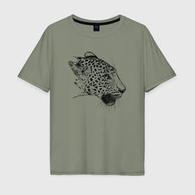Мужская футболка хлопок Oversize с принтом Леопард в профиль в Екатеринбурге, 100% хлопок | свободный крой, круглый ворот, “спинка” длиннее передней части | 