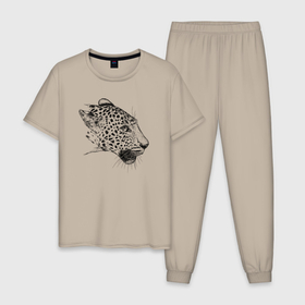 Мужская пижама хлопок с принтом Леопард в профиль в Санкт-Петербурге, 100% хлопок | брюки и футболка прямого кроя, без карманов, на брюках мягкая резинка на поясе и по низу штанин
 | 