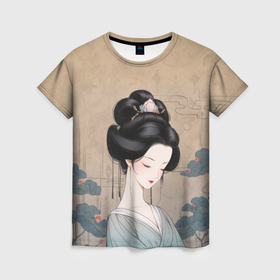 Женская футболка 3D с принтом Японская девушка в Петрозаводске, 100% полиэфир ( синтетическое хлопкоподобное полотно) | прямой крой, круглый вырез горловины, длина до линии бедер | 