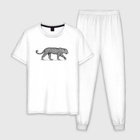 Мужская пижама хлопок с принтом Леопард сбоку в Санкт-Петербурге, 100% хлопок | брюки и футболка прямого кроя, без карманов, на брюках мягкая резинка на поясе и по низу штанин
 | 
