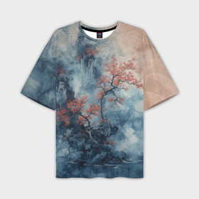 Мужская футболка oversize 3D с принтом Осень в туманных горах ,  |  | 