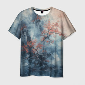 Мужская футболка 3D с принтом Осень в туманных горах , 100% полиэфир | прямой крой, круглый вырез горловины, длина до линии бедер | Тематика изображения на принте: 