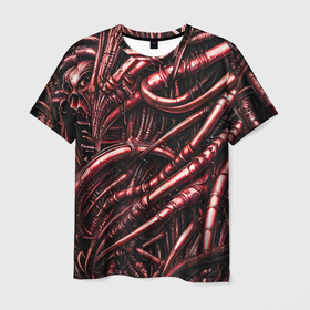 Мужская футболка 3D с принтом Красные трубки чужих в Кировске, 100% полиэфир | прямой крой, круглый вырез горловины, длина до линии бедер | 