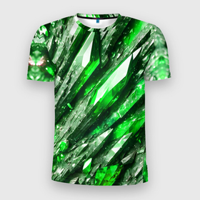 Мужская футболка 3D Slim с принтом Зелёные драгоценные кристаллы в Екатеринбурге, 100% полиэстер с улучшенными характеристиками | приталенный силуэт, круглая горловина, широкие плечи, сужается к линии бедра | 