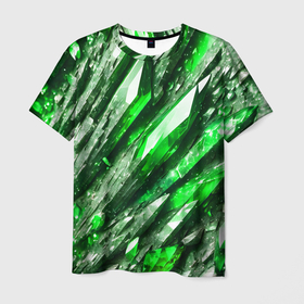 Мужская футболка 3D с принтом Зелёные драгоценные кристаллы в Новосибирске, 100% полиэфир | прямой крой, круглый вырез горловины, длина до линии бедер | 