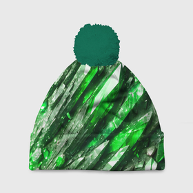 Шапка 3D c помпоном с принтом Зелёные драгоценные кристаллы в Тюмени, 100% полиэстер | универсальный размер, печать по всей поверхности изделия | 