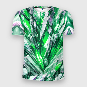 Мужская футболка 3D Slim с принтом Зелёные драгоценные кристаллы в Санкт-Петербурге, 100% полиэстер с улучшенными характеристиками | приталенный силуэт, круглая горловина, широкие плечи, сужается к линии бедра | 