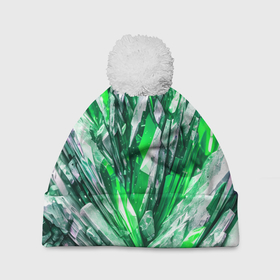 Шапка 3D c помпоном с принтом Зелёные драгоценные кристаллы в Новосибирске, 100% полиэстер | универсальный размер, печать по всей поверхности изделия | 