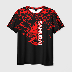Мужская футболка 3D с принтом Cyberpunk samurai красные краски , 100% полиэфир | прямой крой, круглый вырез горловины, длина до линии бедер | 