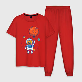 Мужская пижама хлопок с принтом Котик с космическим шариком в Кировске, 100% хлопок | брюки и футболка прямого кроя, без карманов, на брюках мягкая резинка на поясе и по низу штанин
 | 