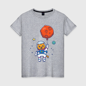 Женская футболка хлопок с принтом Котик с космическим шариком в Кировске, 100% хлопок | прямой крой, круглый вырез горловины, длина до линии бедер, слегка спущенное плечо | 