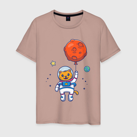 Мужская футболка хлопок с принтом Котик с космическим шариком в Тюмени, 100% хлопок | прямой крой, круглый вырез горловины, длина до линии бедер, слегка спущенное плечо. | 