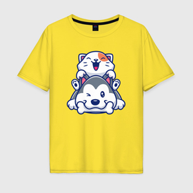 Мужская футболка хлопок Oversize с принтом Cat and dog в Кировске, 100% хлопок | свободный крой, круглый ворот, “спинка” длиннее передней части | 