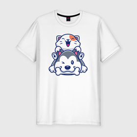 Мужская футболка хлопок Slim с принтом Cat and dog в Кировске, 92% хлопок, 8% лайкра | приталенный силуэт, круглый вырез ворота, длина до линии бедра, короткий рукав | 