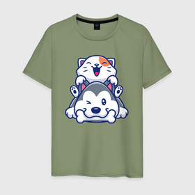 Мужская футболка хлопок с принтом Cat and dog в Кировске, 100% хлопок | прямой крой, круглый вырез горловины, длина до линии бедер, слегка спущенное плечо. | 