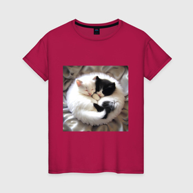 Женская футболка хлопок с принтом Два любящих котика обнимаются клубочком в Кировске, 100% хлопок | прямой крой, круглый вырез горловины, длина до линии бедер, слегка спущенное плечо | 