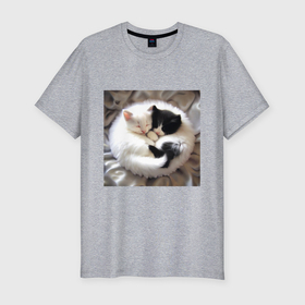 Мужская футболка хлопок Slim с принтом Два любящих котика обнимаются клубочком в Петрозаводске, 92% хлопок, 8% лайкра | приталенный силуэт, круглый вырез ворота, длина до линии бедра, короткий рукав | Тематика изображения на принте: 