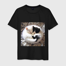 Мужская футболка хлопок с принтом Два любящих котика обнимаются клубочком в Петрозаводске, 100% хлопок | прямой крой, круглый вырез горловины, длина до линии бедер, слегка спущенное плечо. | Тематика изображения на принте: 