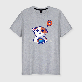 Мужская футболка хлопок Slim с принтом Котёнок пьёт кофе в Курске, 92% хлопок, 8% лайкра | приталенный силуэт, круглый вырез ворота, длина до линии бедра, короткий рукав | 