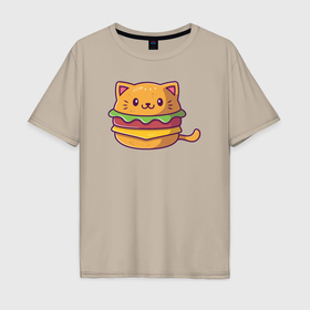Мужская футболка хлопок Oversize с принтом Бургер кот в Новосибирске, 100% хлопок | свободный крой, круглый ворот, “спинка” длиннее передней части | 