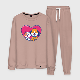 Мужской костюм хлопок с принтом Pets friends в городе Новоалтайск, 100% хлопок | на свитшоте круглая горловина, мягкая резинка по низу. Брюки заужены к низу, на них два вида карманов: два “обычных” по бокам и два объемных, с клапанами, расположенные ниже линии бедра. Брюки с мягкой трикотажной резинкой на поясе и по низу штанин. В поясе для дополнительного комфорта — широкие завязки | Тематика изображения на принте: 