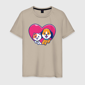 Мужская футболка хлопок с принтом Pets friends в городе Новоалтайск, 100% хлопок | прямой крой, круглый вырез горловины, длина до линии бедер, слегка спущенное плечо. | Тематика изображения на принте: 