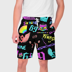 Мужские шорты 3D с принтом 6ix9ine logo rap bend в Кировске,  полиэстер 100% | прямой крой, два кармана без застежек по бокам. Мягкая трикотажная резинка на поясе, внутри которой широкие завязки. Длина чуть выше колен | 