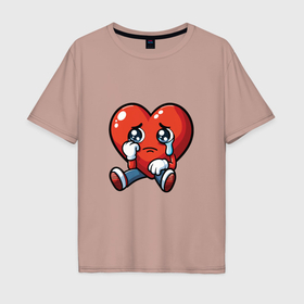 Мужская футболка хлопок Oversize с принтом Мультяшное плачущее сердце в Екатеринбурге, 100% хлопок | свободный крой, круглый ворот, “спинка” длиннее передней части | 