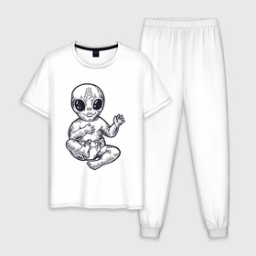 Мужская пижама хлопок с принтом Baby alien в Екатеринбурге, 100% хлопок | брюки и футболка прямого кроя, без карманов, на брюках мягкая резинка на поясе и по низу штанин
 | Тематика изображения на принте: 