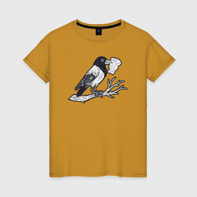 Женская футболка хлопок с принтом Ворона с куском сыра в Петрозаводске, 100% хлопок | прямой крой, круглый вырез горловины, длина до линии бедер, слегка спущенное плечо | 