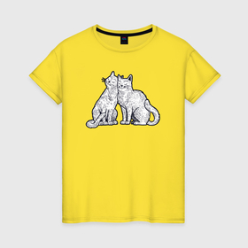 Женская футболка хлопок с принтом Дружные кошечки в Петрозаводске, 100% хлопок | прямой крой, круглый вырез горловины, длина до линии бедер, слегка спущенное плечо | 