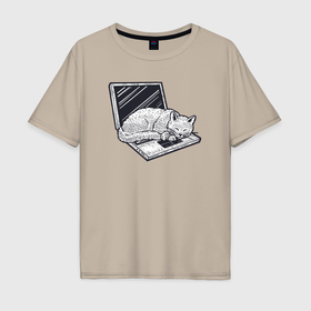 Мужская футболка хлопок Oversize с принтом Кошка спит на ноутбуке в Екатеринбурге, 100% хлопок | свободный крой, круглый ворот, “спинка” длиннее передней части | 