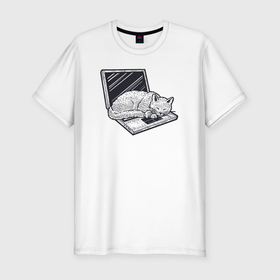 Мужская футболка хлопок Slim с принтом Кошка спит на ноутбуке в Екатеринбурге, 92% хлопок, 8% лайкра | приталенный силуэт, круглый вырез ворота, длина до линии бедра, короткий рукав | Тематика изображения на принте: 