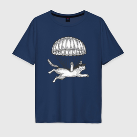 Мужская футболка хлопок Oversize с принтом Кот парашютист , 100% хлопок | свободный крой, круглый ворот, “спинка” длиннее передней части | 