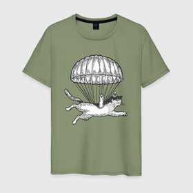 Мужская футболка хлопок с принтом Кот парашютист в Белгороде, 100% хлопок | прямой крой, круглый вырез горловины, длина до линии бедер, слегка спущенное плечо. | 