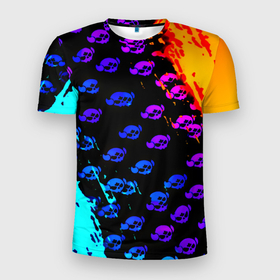 Мужская футболка 3D Slim с принтом Brawl stars neon logo kids в Санкт-Петербурге, 100% полиэстер с улучшенными характеристиками | приталенный силуэт, круглая горловина, широкие плечи, сужается к линии бедра | 