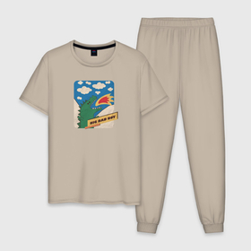 Мужская пижама хлопок с принтом Дракон ретро наклейка в Тюмени, 100% хлопок | брюки и футболка прямого кроя, без карманов, на брюках мягкая резинка на поясе и по низу штанин
 | 