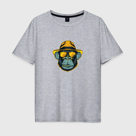 Мужская футболка хлопок Oversize с принтом Шимпанзе в шляпе в Кировске, 100% хлопок | свободный крой, круглый ворот, “спинка” длиннее передней части | 