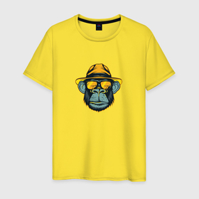 Мужская футболка хлопок с принтом Шимпанзе в шляпе в Петрозаводске, 100% хлопок | прямой крой, круглый вырез горловины, длина до линии бедер, слегка спущенное плечо. | 