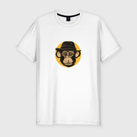 Мужская футболка хлопок Slim с принтом Шимпанзе в очках и шляпе в Петрозаводске, 92% хлопок, 8% лайкра | приталенный силуэт, круглый вырез ворота, длина до линии бедра, короткий рукав | 