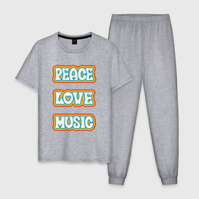 Мужская пижама хлопок с принтом Мир любовь музыка в Екатеринбурге, 100% хлопок | брюки и футболка прямого кроя, без карманов, на брюках мягкая резинка на поясе и по низу штанин
 | 