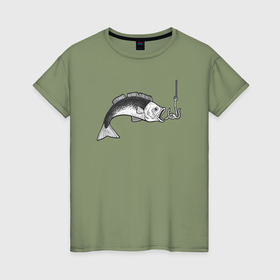 Женская футболка хлопок с принтом Рыбка на крючке в Екатеринбурге, 100% хлопок | прямой крой, круглый вырез горловины, длина до линии бедер, слегка спущенное плечо | 